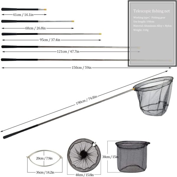 Fishing Landing Net with Aluminum Telescoping Pole 75" Long Handle,Rubber  Coated Nylon Mesh,for  Steelhead,Salmon,Fly,Kayak,Catfish,Bass,Trout,Shrimp,Crab,for Easy Catch &  Release,Extend to 75 Inch - Felix Wanderer
